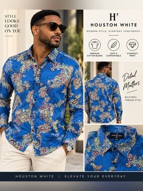 Houston White Men’s Royal Blue Paisley Print Button-Down Shirt Sz XXL